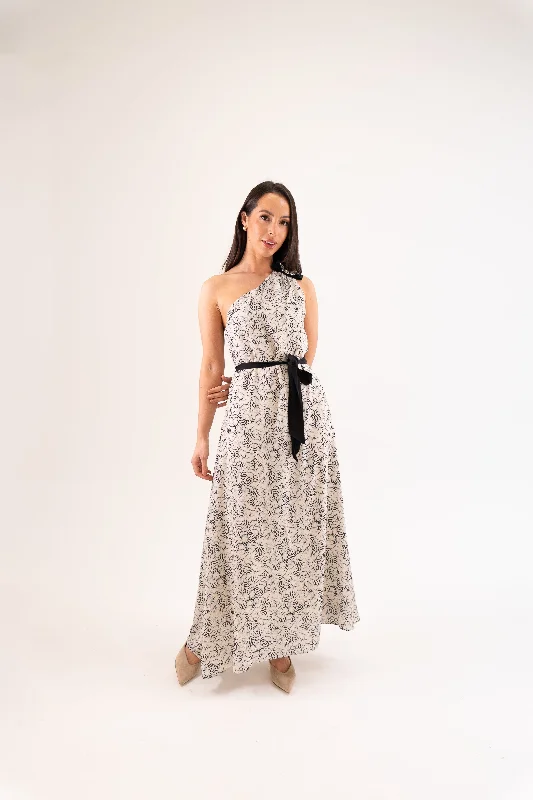 Midi dresses with denim fabric for a casual yet stylish day out Grace Printed One Shoulder Dress In Cream Midi dresses with denim fabric for a casual yet stylish day out Grace Printed One Shoulder Dress In Cream