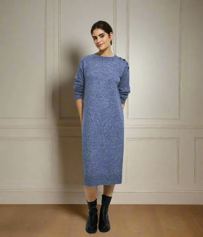 Midi dresses with metallic threads for a glamorous evening event Blue Knitted Button Shoulder Midi Dress Midi dresses with metallic threads for a glamorous evening event Blue Knitted Button Shoulder Midi Dress