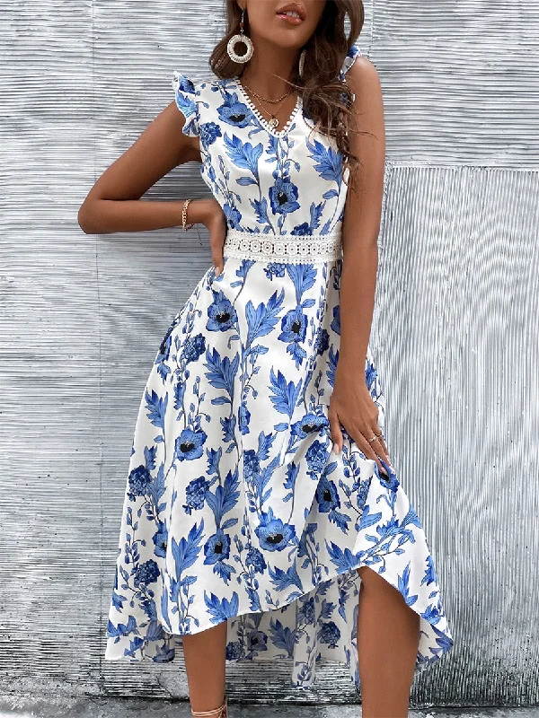 A - line midi dresses with floral prints for spring brunches FashionSierra - Lace Stitching Floral Print Hollow Beach Long Dress A - line midi dresses with floral prints for spring brunches FashionSierra - Lace Stitching Floral Print Hollow Beach Long Dress