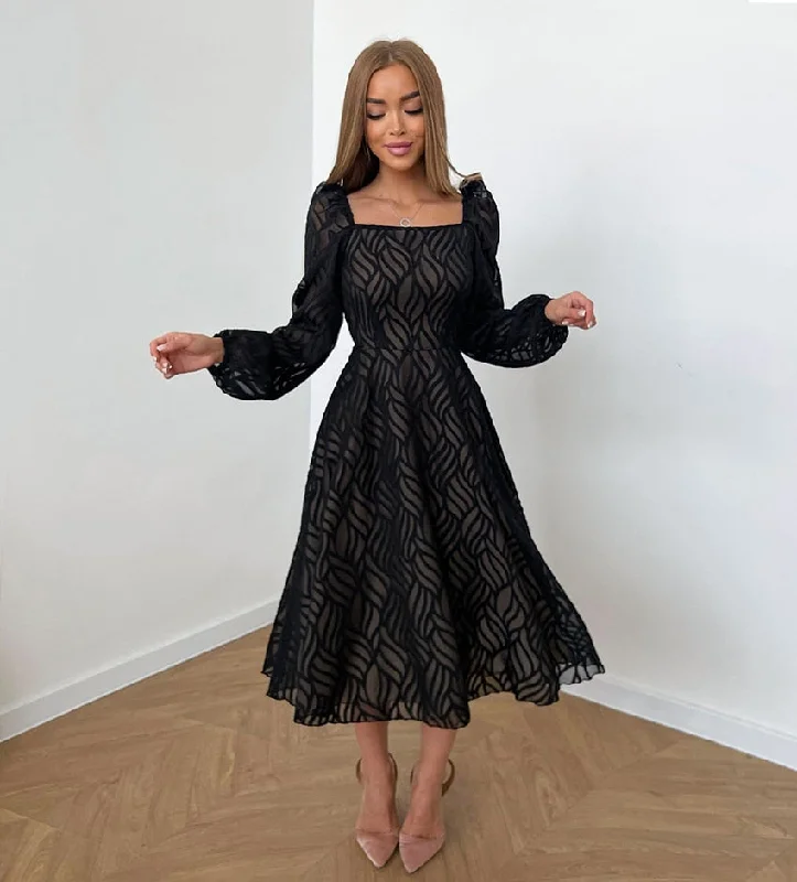 Midi dresses with metallic threads for a glamorous evening event BerriesJam - Lantern Sleeve Jacquard Black A-Line Dress Midi dresses with metallic threads for a glamorous evening event BerriesJam - Lantern Sleeve Jacquard Black A-Line Dress