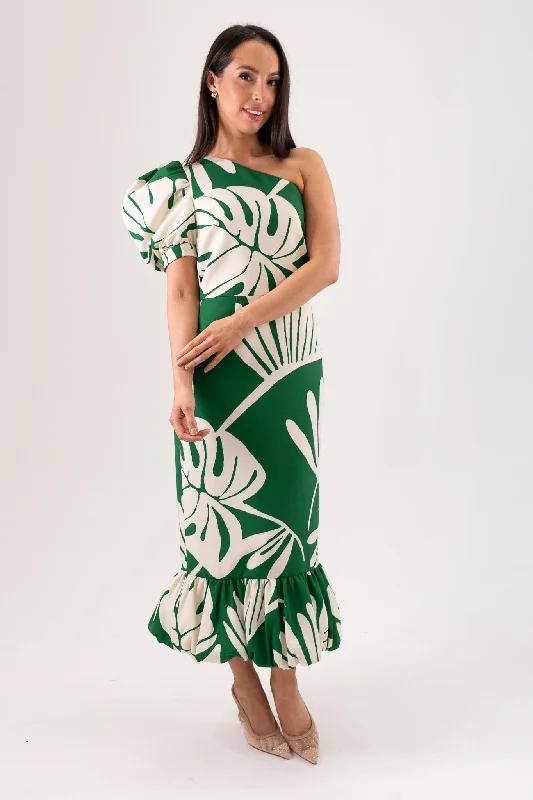 Midi dresses with printed lining for a hidden and stylish detail Marissa Printed One Shoulder Dress In Green Midi dresses with printed lining for a hidden and stylish detail Marissa Printed One Shoulder Dress In Green