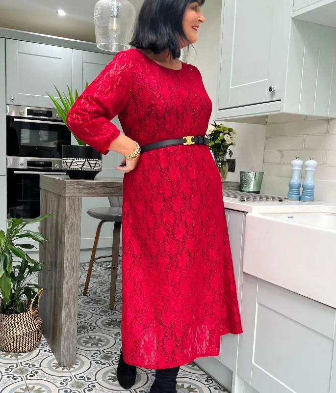 Midi dresses with ruched sleeves for a more fitted and stylish arm look Red Lace Overlay Midi Dress