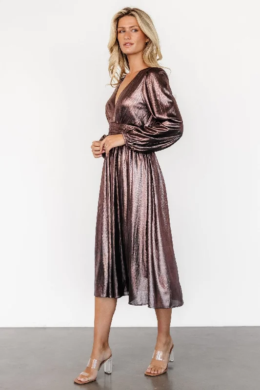 Midi dresses with patchwork patterns for a one - of - a - kind style Aisha Shimmer Dress | Bronze Midi dresses with patchwork patterns for a one - of - a - kind style Aisha Shimmer Dress | Bronze