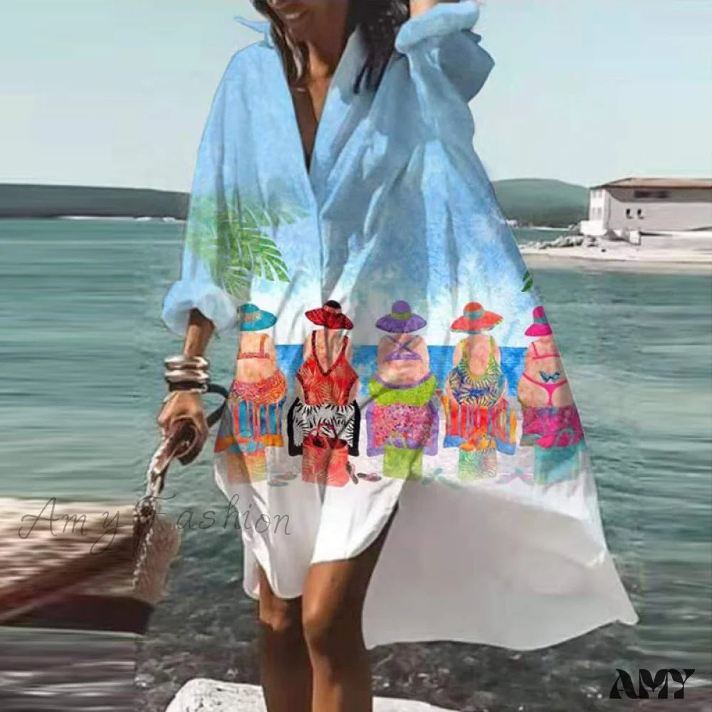 Maxi - inspired midi dresses with flowing fabrics for a beachy vibe Print V-neck Long Sleeve Loose Dress Maxi - inspired midi dresses with flowing fabrics for a beachy vibe Print V-neck Long Sleeve Loose Dress