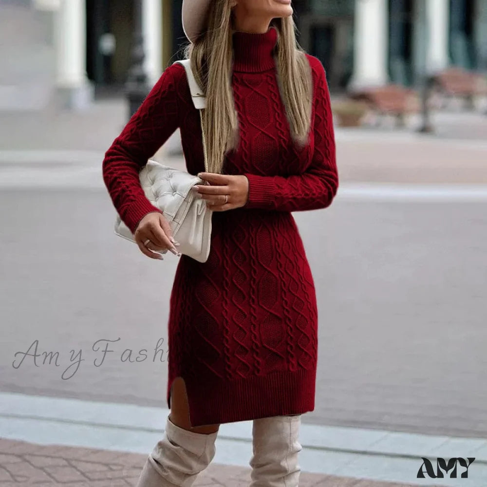 Midi dresses with printed lining for a hidden and stylish detail Amy Fashion - Casual Solid Color Long-Sleeved High-Neck Split Tight Dress Midi dresses with printed lining for a hidden and stylish detail Amy Fashion - Casual Solid Color Long-Sleeved High-Neck Split Tight Dress
