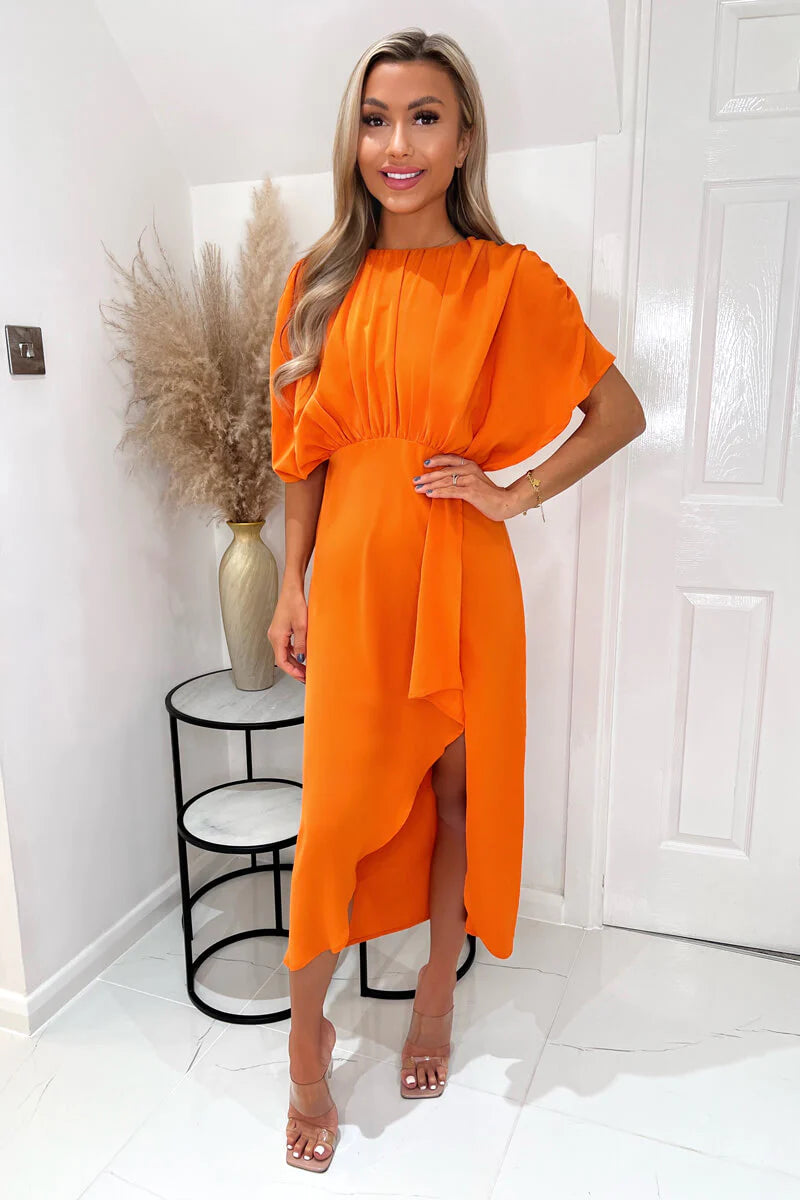 Midi dresses with printed lining for a hidden and stylish detail Destiny Blood Orange Batwing Top Wrap Skirt Midi Dress Midi dresses with printed lining for a hidden and stylish detail Destiny Blood Orange Batwing Top Wrap Skirt Midi Dress