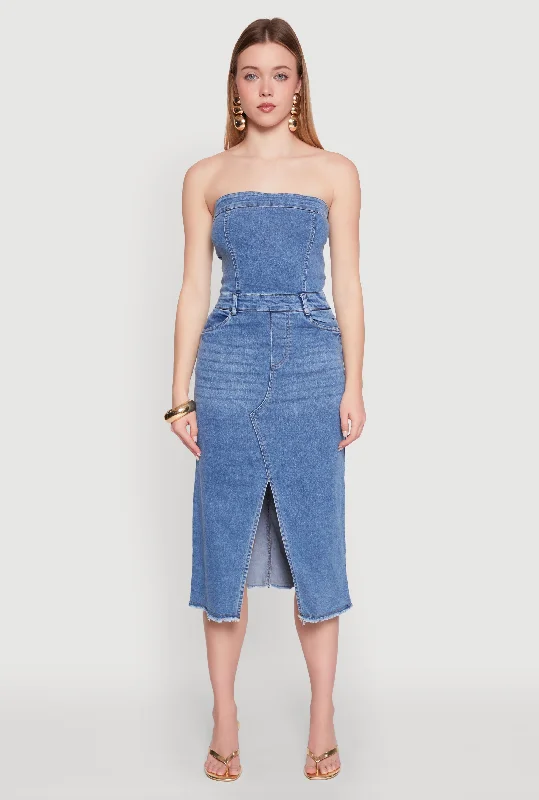 Velvet midi dresses in jewel tones for a glamorous winter event Spoon Jeans Slit Front Denim Tube Dress Velvet midi dresses in jewel tones for a glamorous winter event Spoon Jeans Slit Front Denim Tube Dress