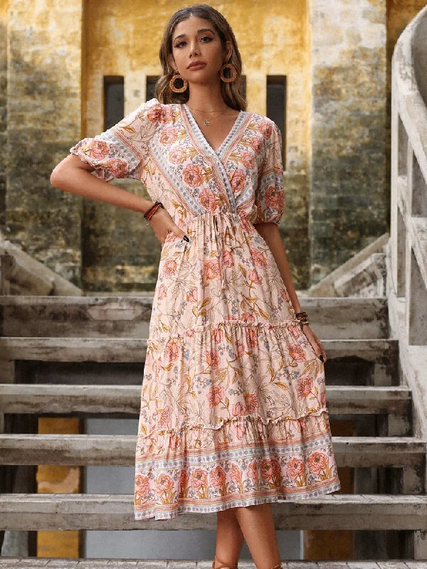 Midi dresses with puff sleeves for a vintage - inspired look FashionSierra - Bohemian Print V-neck HolidayChiffon Dress Midi dresses with puff sleeves for a vintage - inspired look FashionSierra - Bohemian Print V-neck HolidayChiffon Dress