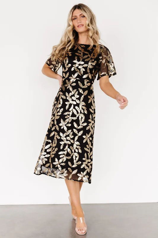 Midi dresses with embroidered accents for a unique and detailed design Deanna Sequin Midi Dress | Black + Gold Midi dresses with embroidered accents for a unique and detailed design Deanna Sequin Midi Dress | Black + Gold