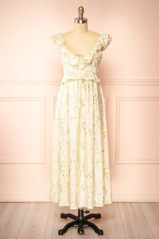 Mini dresses with criss - cross backs for a flirty look Lazdah | Beige Silky Midi Dress w/ Floral Pattern Mini dresses with criss - cross backs for a flirty look Lazdah | Beige Silky Midi Dress w/ Floral Pattern