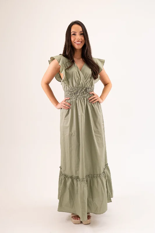 Midi dresses with cotton - blend materials for everyday comfort Becca Ruffle Shoulder Dress In Sage Midi dresses with cotton - blend materials for everyday comfort Becca Ruffle Shoulder Dress In Sage