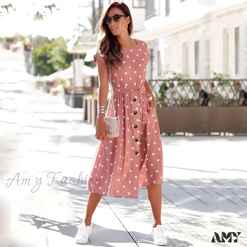 Midi dresses with button - front designs for a classic touch Amy Fashion - Fashion O Neck Print Polka Dot Dress Midi dresses with button - front designs for a classic touch Amy Fashion - Fashion O Neck Print Polka Dot Dress