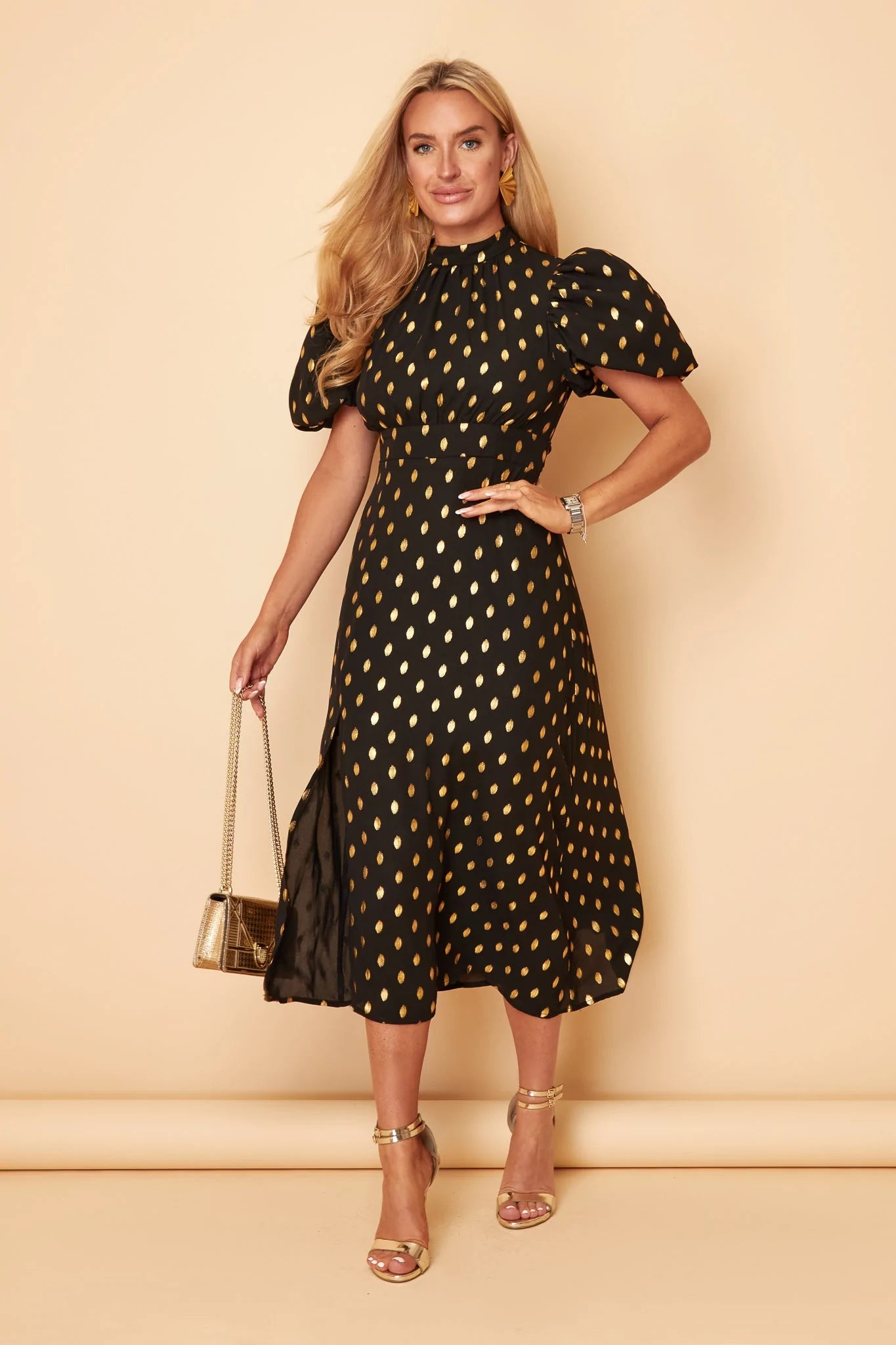 Midi dresses with button - front designs for a classic touch Lilly Black Gold Foil Print Puff Sleeve Midi Dress Midi dresses with button - front designs for a classic touch Lilly Black Gold Foil Print Puff Sleeve Midi Dress