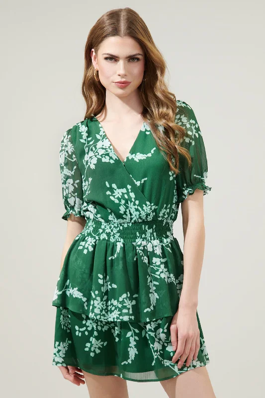 Mini dresses with fringe for a bohemian style Monterey Floral Amina Surplice Ruffle Mini Dress Mini dresses with fringe for a bohemian style Monterey Floral Amina Surplice Ruffle Mini Dress