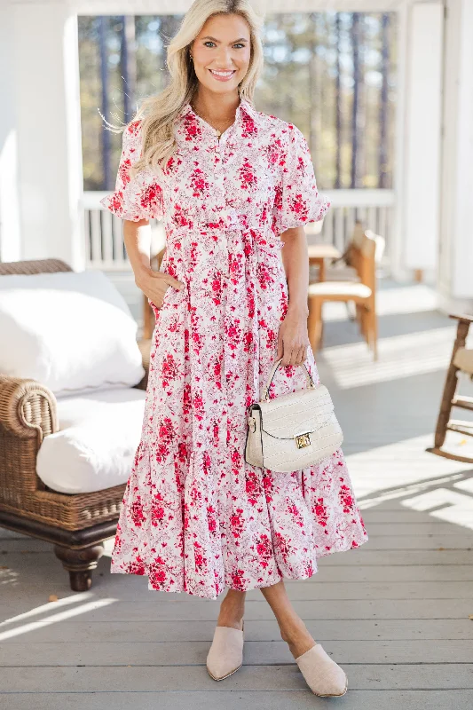 Sleeveless midi dresses with lace details for summer weddings All I Need To Know Red Floral Midi Dress