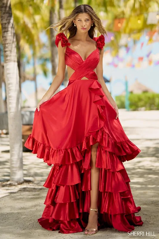 Mini dresses with cut - out details for a trendy look Sherri Hill Satin A-Line Prom Dress 56057 Mini dresses with cut - out details for a trendy look Sherri Hill Satin A-Line Prom Dress 56057