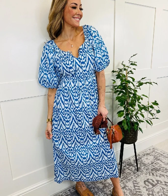 Midi dresses with belted waists to accentuate the figure Blue Ikat Print Cotton Midi Dress Midi dresses with belted waists to accentuate the figure Blue Ikat Print Cotton Midi Dress