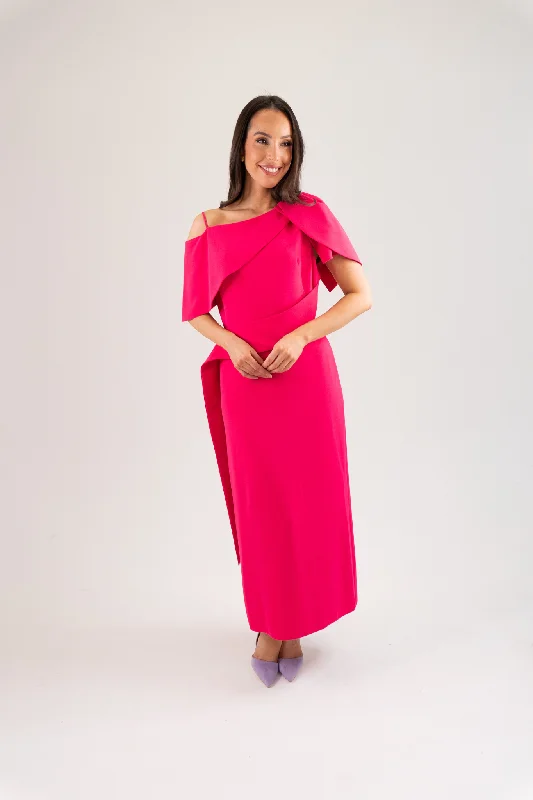 Midi dresses with pleated skirts for a timeless and elegant appeal Kayla Drape Shoulder Dress In Fuchsia