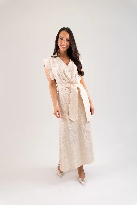 Midi dresses with button - front designs for a classic touch Kayla Tie Waist Dress In Neutral Midi dresses with button - front designs for a classic touch Kayla Tie Waist Dress In Neutral
