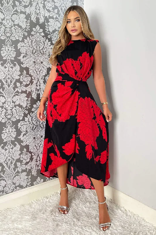 Midi dresses with ruffled sleeves for a more feminine and voluminous look India Red and Black Floral Print Wrap Style Midi Dress Midi dresses with ruffled sleeves for a more feminine and voluminous look India Red and Black Floral Print Wrap Style Midi Dress