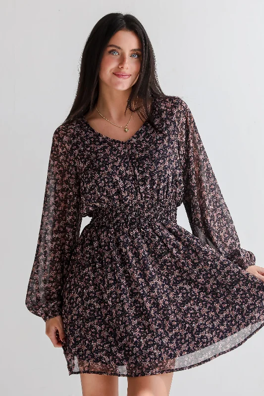 Plaid mini dresses for fall fashion High-Class Attitude Navy Floral Mini Dress