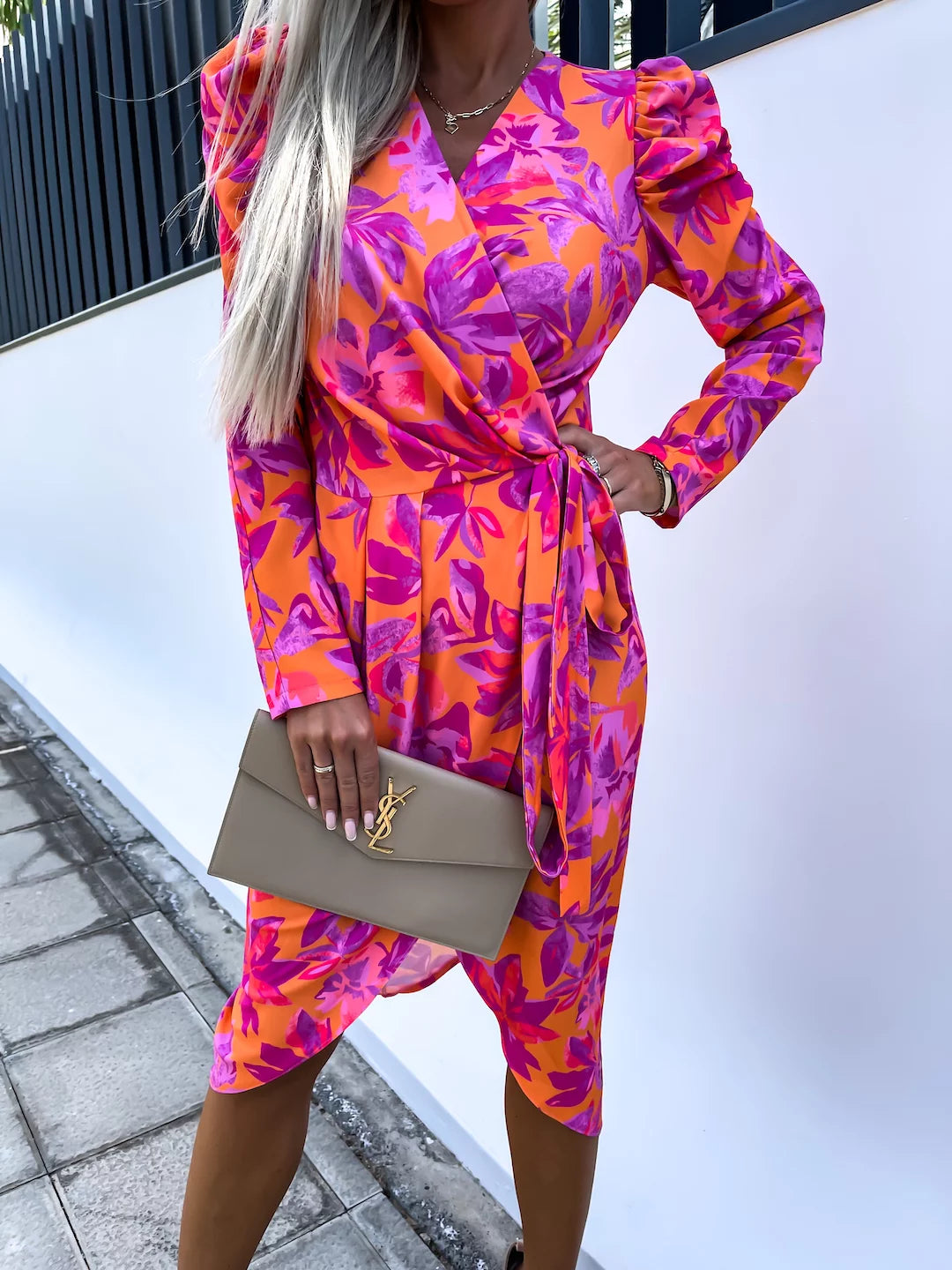 Midi dresses with tassel accents for a bohemian and free - spirited style Kylie Orange and Pink Floral Wrap Style Belted Dress Midi dresses with tassel accents for a bohemian and free - spirited style Kylie Orange and Pink Floral Wrap Style Belted Dress