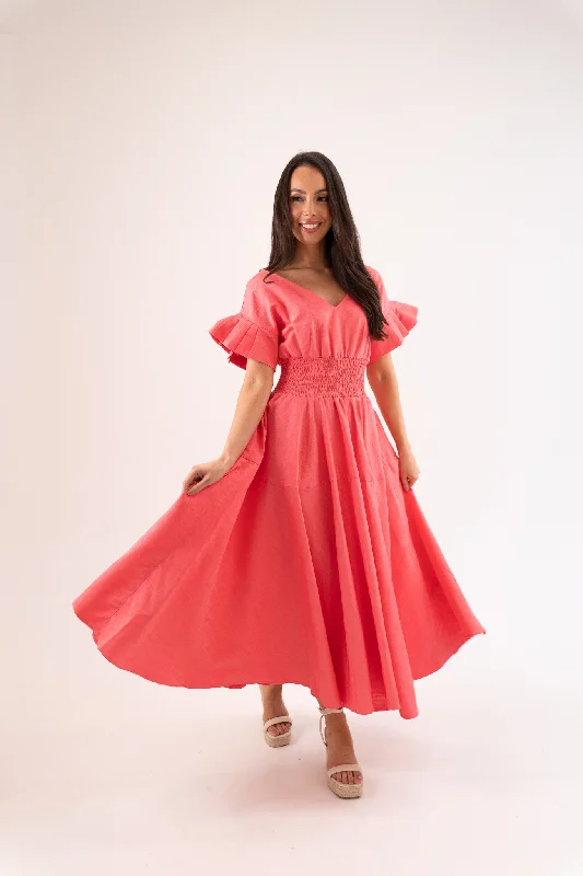 Midi dresses with fringe details for a fun and energetic style Becca Pleat Sleeve Dress In Pink Midi dresses with fringe details for a fun and energetic style Becca Pleat Sleeve Dress In Pink