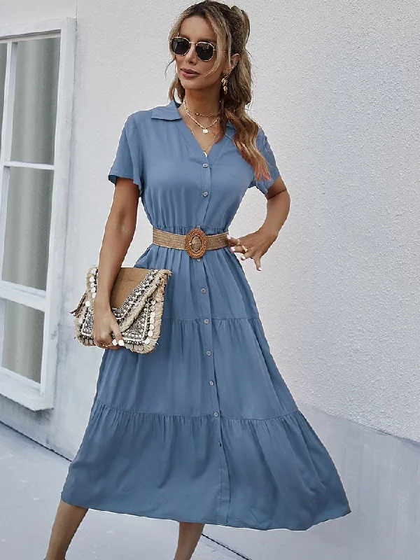 Midi dresses with ruffled sleeves for a more feminine and voluminous look FashionSierra - Solid Ruffles A-line Casual V-neck High Waist Shirt Dress Midi dresses with ruffled sleeves for a more feminine and voluminous look FashionSierra - Solid Ruffles A-line Casual V-neck High Waist Shirt Dress