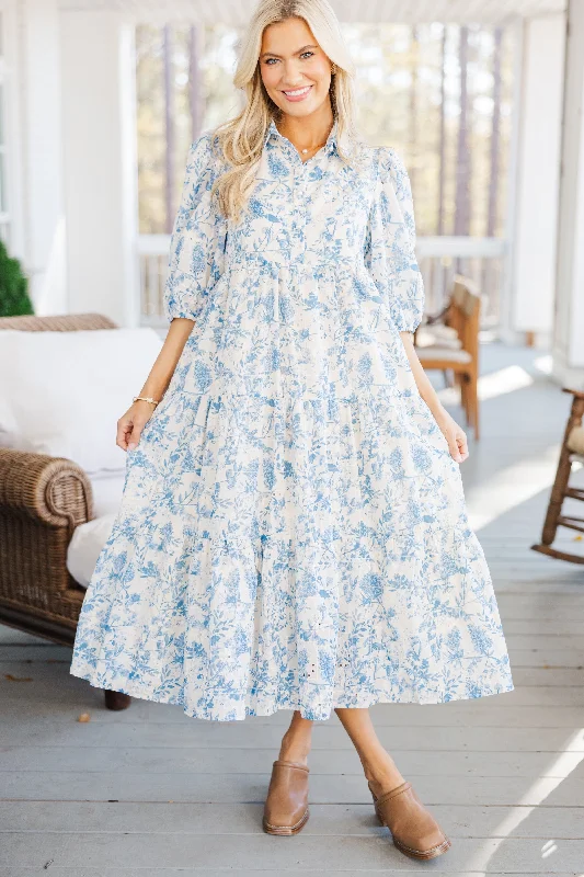 Plaid midi dresses for a fall - themed family gathering Love Found Blue Toile Midi Dress Plaid midi dresses for a fall - themed family gathering Love Found Blue Toile Midi Dress