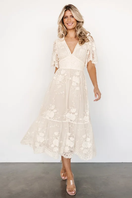 Midi dresses with tassel accents for a bohemian and free - spirited style Clarisa Lace Midi Dress | Vintage Cream Midi dresses with tassel accents for a bohemian and free - spirited style Clarisa Lace Midi Dress | Vintage Cream