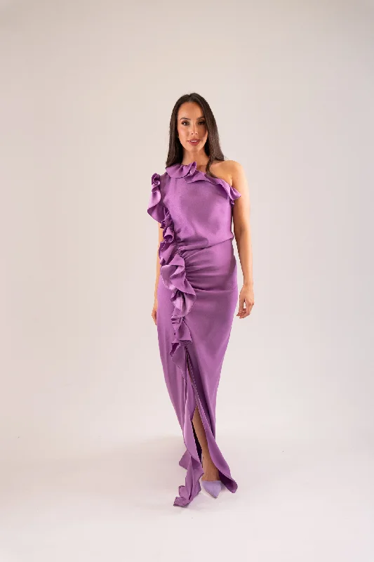 Midi dresses with bow accents for a sweet and charming look Kayla One Shoulder Ruffle Dress In Lavender