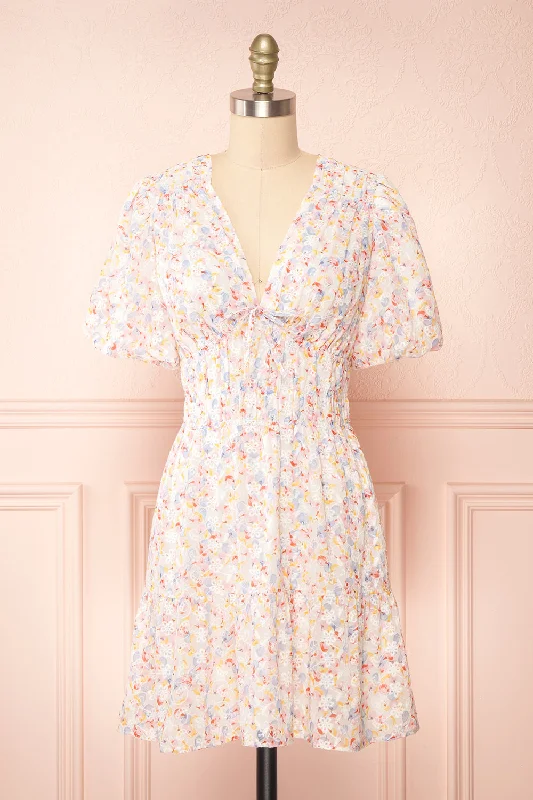 Mini dresses with mesh panels for a sexy and trendy look Kinnia | Short Floral Dress w/ Ruched Waist Mini dresses with mesh panels for a sexy and trendy look Kinnia | Short Floral Dress w/ Ruched Waist