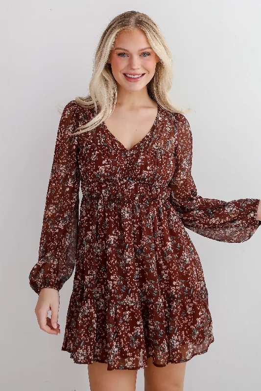 Floral print mini dresses for summer parties FINAL SALE - Charming Invitation Brown Floral Mini Dress Floral print mini dresses for summer parties FINAL SALE - Charming Invitation Brown Floral Mini Dress