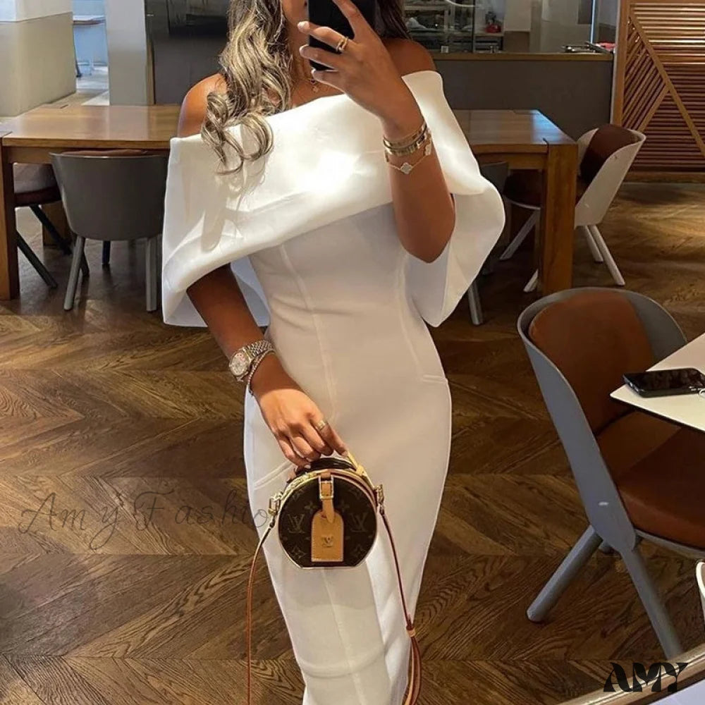 High - low midi dresses with geometric patterns for a modern party Amy Fashion - Solid Elegant Off Shoulder Midi Bodycon Formal White Dress High - low midi dresses with geometric patterns for a modern party Amy Fashion - Solid Elegant Off Shoulder Midi Bodycon Formal White Dress