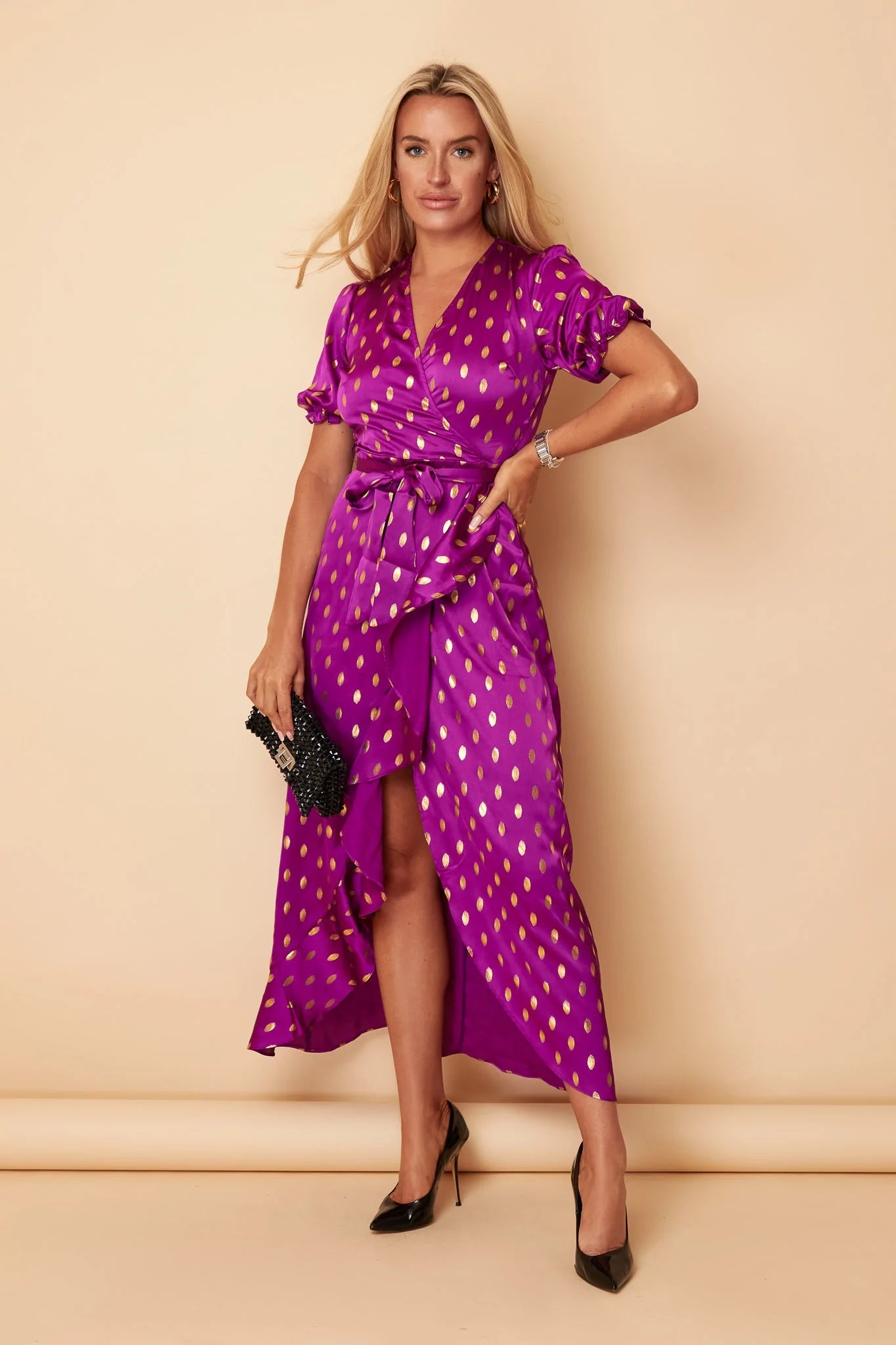 Midi dresses with pleated skirts for a timeless and elegant appeal Fiona Orchid Satin with Gold Foil Frill Hem Dress Midi dresses with pleated skirts for a timeless and elegant appeal Fiona Orchid Satin with Gold Foil Frill Hem Dress