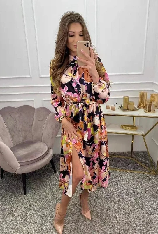 Velvet midi dresses in jewel tones for a glamorous winter event Becky Black Orange Floral Print Belted Midi Dress Velvet midi dresses in jewel tones for a glamorous winter event Becky Black Orange Floral Print Belted Midi Dress