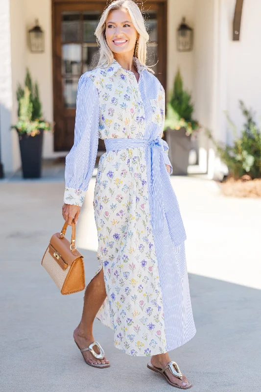 Midi dresses with ruffled bodices for a more pronounced feminine look Just A Reminder Blue Mixed Print Midi Dress Midi dresses with ruffled bodices for a more pronounced feminine look Just A Reminder Blue Mixed Print Midi Dress