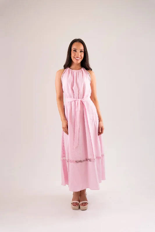 Midi dresses with pom - pom trims for a playful and festive look Kayla Crochet Trim Dress In Pink Midi dresses with pom - pom trims for a playful and festive look Kayla Crochet Trim Dress In Pink