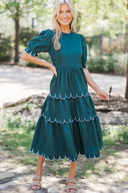 Midi dresses with cold - shoulder cutouts for a trendy style Making It Happen Hunter Green Scalloped Midi Dress Midi dresses with cold - shoulder cutouts for a trendy style Making It Happen Hunter Green Scalloped Midi Dress