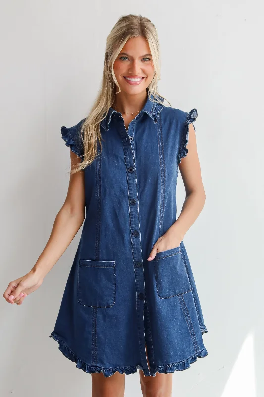 Mini dresses with pom - pom trims for a playful feel Simple Adoration Denim Mini Dress Mini dresses with pom - pom trims for a playful feel Simple Adoration Denim Mini Dress