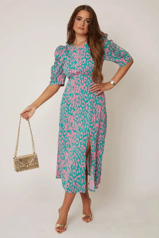 Midi dresses with cotton - blend materials for everyday comfort Emilie Pink and Turquoise Print Frill Sleeve Midi Dress Midi dresses with cotton - blend materials for everyday comfort Emilie Pink and Turquoise Print Frill Sleeve Midi Dress
