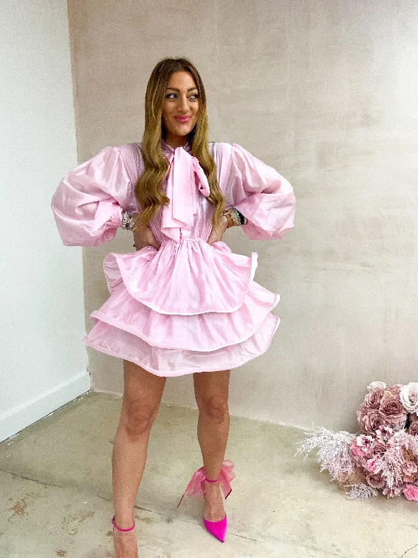 Mini dresses with V - necklines for a flattering shape Bow Front Tiered Mini Dress In Pink Mini dresses with V - necklines for a flattering shape Bow Front Tiered Mini Dress In Pink