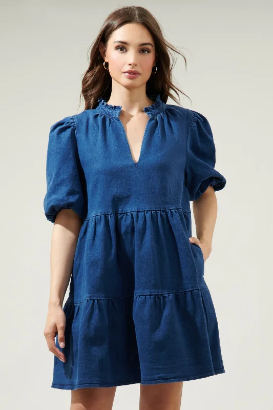 Mini dresses with V - necklines for a flattering shape Aura Jacey Babydoll Denim Mini Dress Mini dresses with V - necklines for a flattering shape Aura Jacey Babydoll Denim Mini Dress