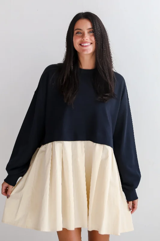 Mini dresses with mesh panels for a sexy and trendy look FINAL SALE - Convincing Charisma Navy Sweatshirt Dress Mini dresses with mesh panels for a sexy and trendy look FINAL SALE - Convincing Charisma Navy Sweatshirt Dress