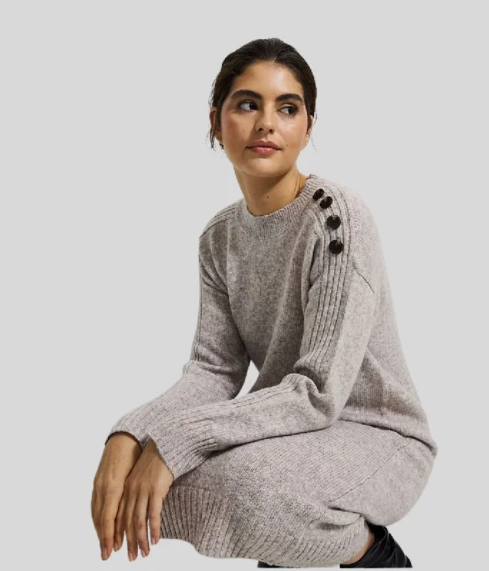 Midi dresses with pleated skirts for a timeless and elegant appeal Oatmeal Knitted Button Shoulder Midi Dress Midi dresses with pleated skirts for a timeless and elegant appeal Oatmeal Knitted Button Shoulder Midi Dress