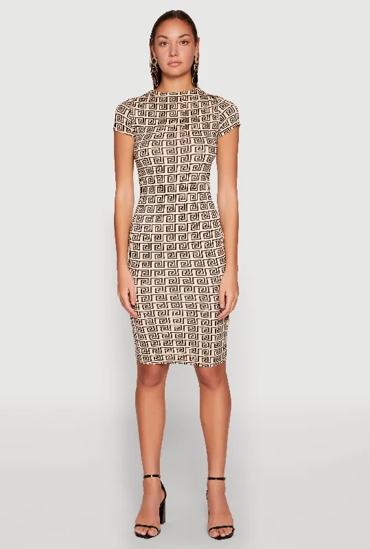 Midi dresses with ribbed textures for a unique and tactile appearance Greek Key Print Short Sleeve Dress Midi dresses with ribbed textures for a unique and tactile appearance Greek Key Print Short Sleeve Dress
