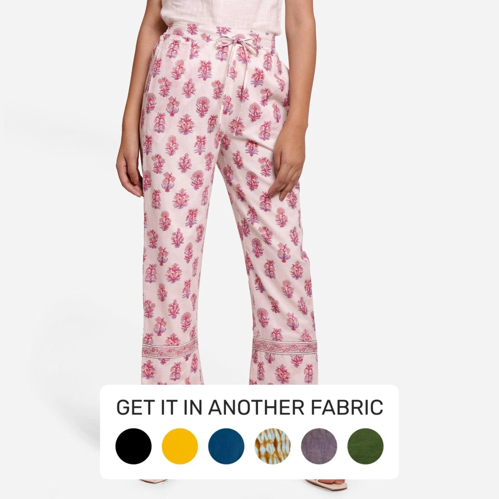Bell - Bottom Style Women's Denim Pants with Embroidered DetailsFuchsia Floral Block Printed Cotton Elasticated Mid-Rise Pant Bell - Bottom Style Women's Denim Pants with Embroidered DetailsFuchsia Floral Block Printed Cotton Elasticated Mid-Rise Pant