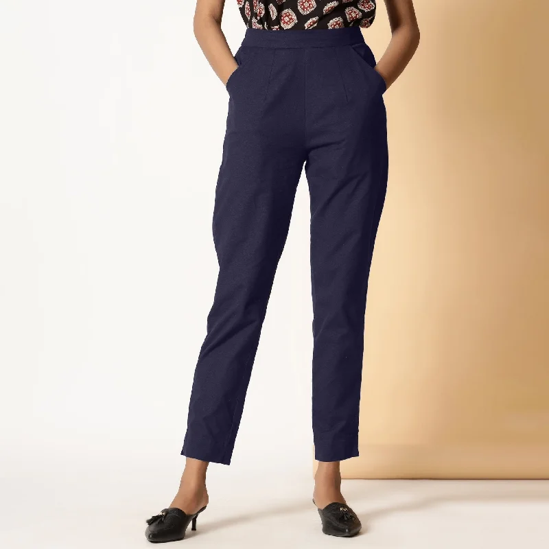 Plus Size Women's Elastic - Waist Culottes in Earth TonesNavy Blue Cotton Flax Elasticated High-Rise Tapered Pant