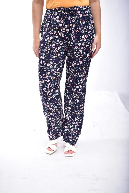 Tapered Leg Women's Wool Blend Trousers for WinterNavy Floral Palazzo Pants
