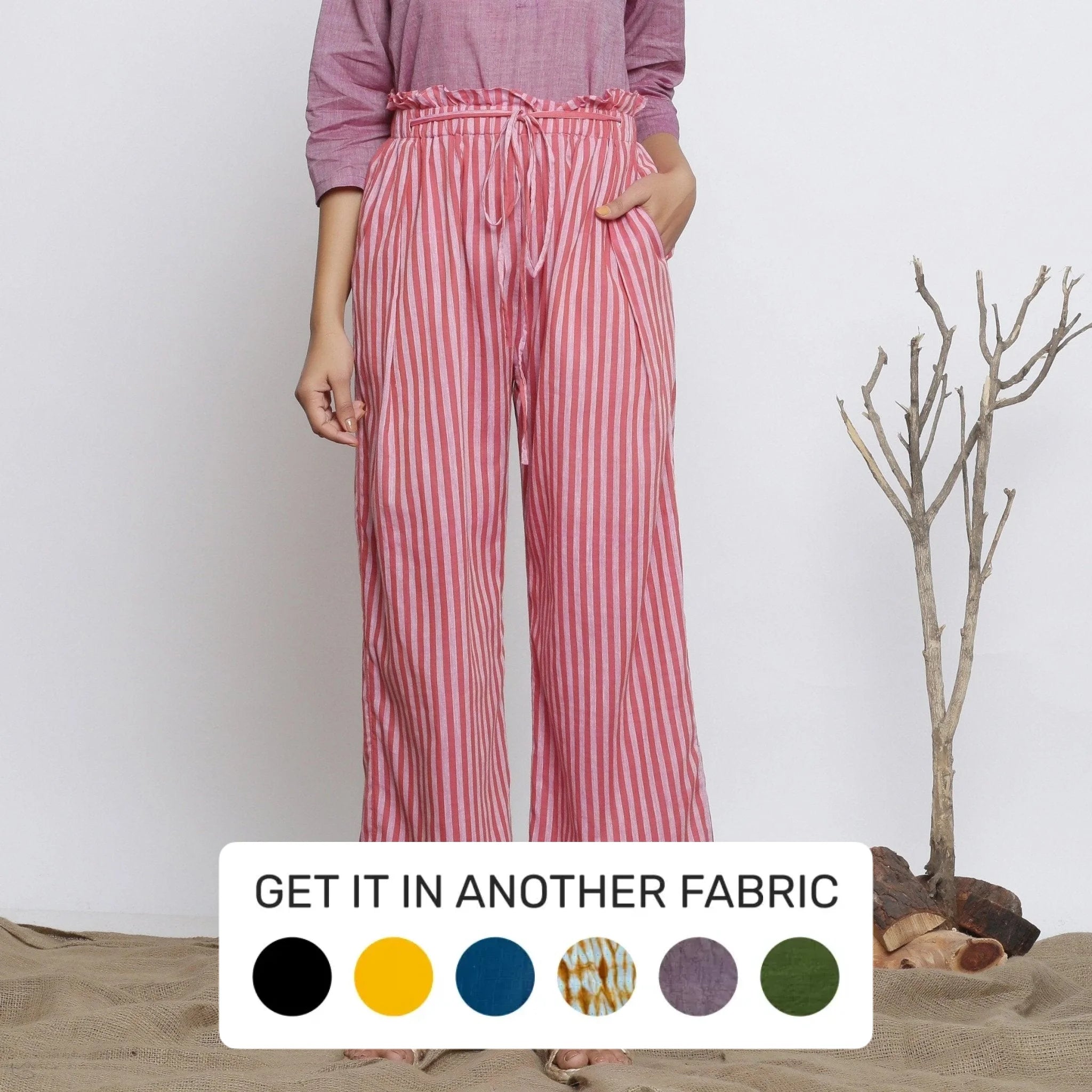 Flare Leg Women's Satin Trousers for a Glamorous Night OutPink Cotton Striped Elasticated High-Rise Paperbag Pant Flare Leg Women's Satin Trousers for a Glamorous Night OutPink Cotton Striped Elasticated High-Rise Paperbag Pant